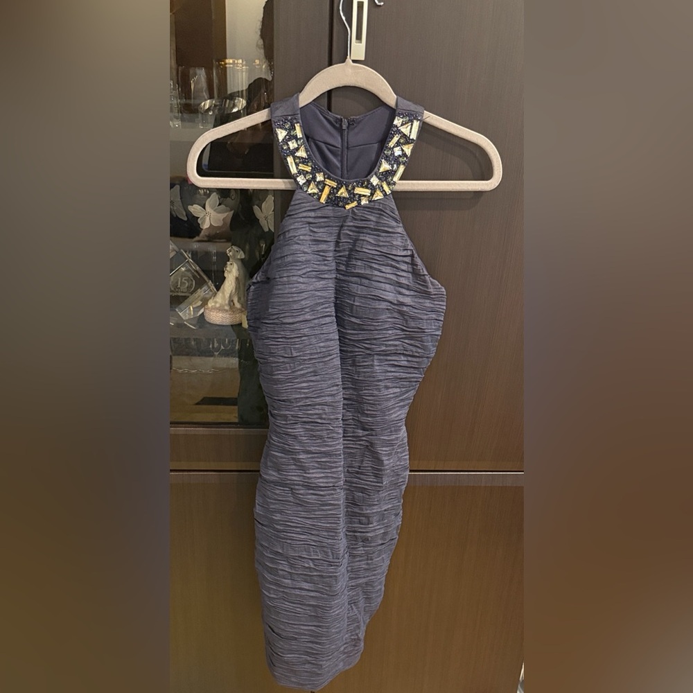 Cachet Charcoal Backless Dress with Gold Embellishments